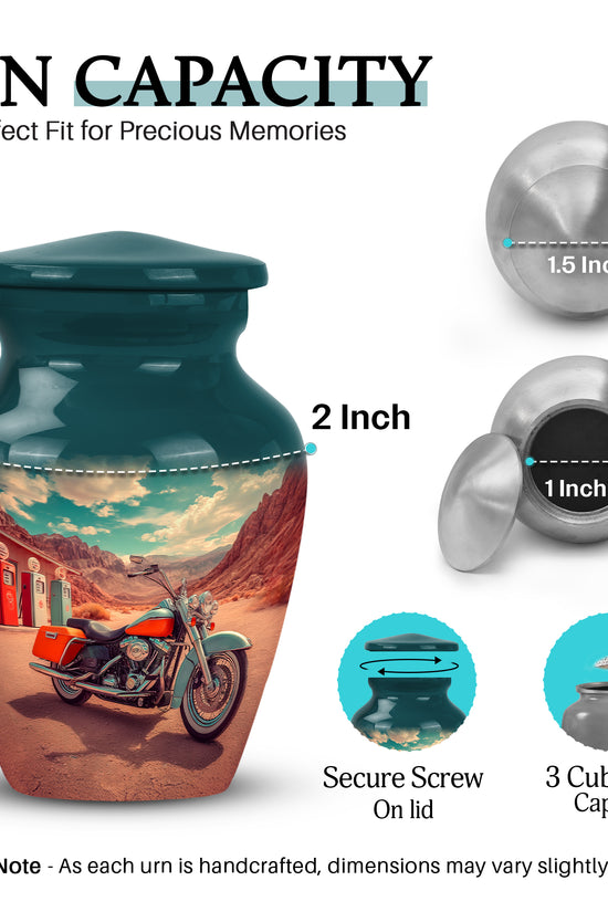 Cool Teal Bike Cremation Urn close-up of engraving and surface detail - timeless bike motif etched into premium metal - mini keepsake memorial for portion of cremation ashes