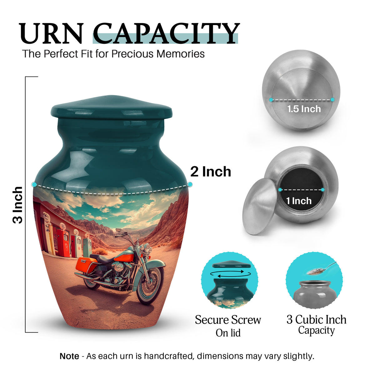 Cool Teal Bike Cremation Urn close-up of engraving and surface detail - timeless bike motif etched into premium metal - mini keepsake memorial for portion of cremation ashes