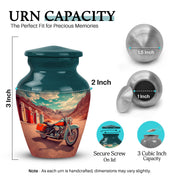 Cool Teal Bike Cremation Urn close-up of engraving and surface detail - timeless bike motif etched into premium metal - mini keepsake memorial for portion of cremation ashes