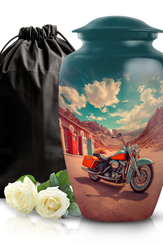 Jewel Teal Bike Cremation Urn angled view of lid and engraved motif - classic sculpted bike pattern on smooth aluminum - full-size 10 inch 200 cubic inch adult cremation urn
