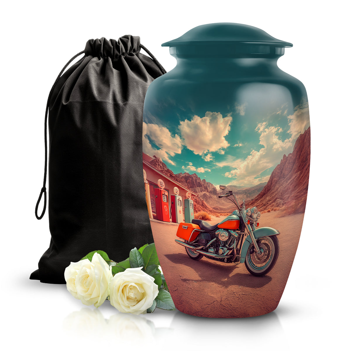 Jewel Teal Bike Cremation Urn angled view of lid and engraved motif - classic sculpted bike pattern on smooth aluminum - full-size 10 inch 200 cubic inch adult cremation urn