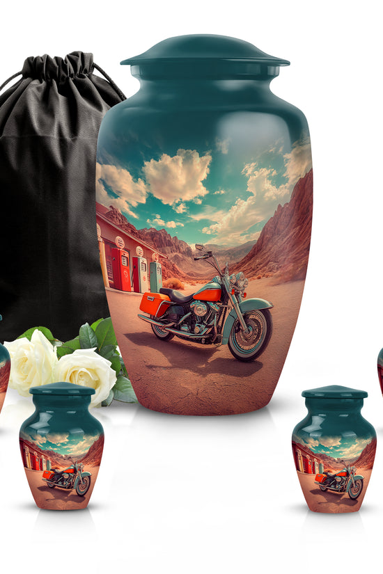 Sea Green Teal Bike Cremation Urn top-down view of secure threaded lid - classic sculpted bike pattern on smooth aluminum - memorial set with one large and four small urns