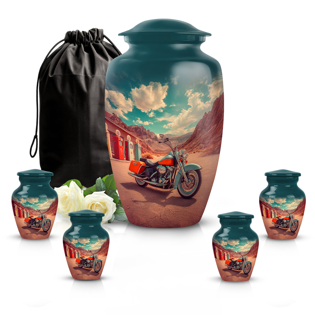 Sea Green Teal Bike Cremation Urn top-down view of secure threaded lid - classic sculpted bike pattern on smooth aluminum - memorial set with one large and four small urns
