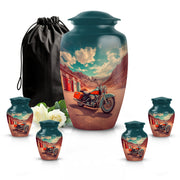Sea Green Teal Bike Cremation Urn top-down view of secure threaded lid - classic sculpted bike pattern on smooth aluminum - memorial set with one large and four small urns