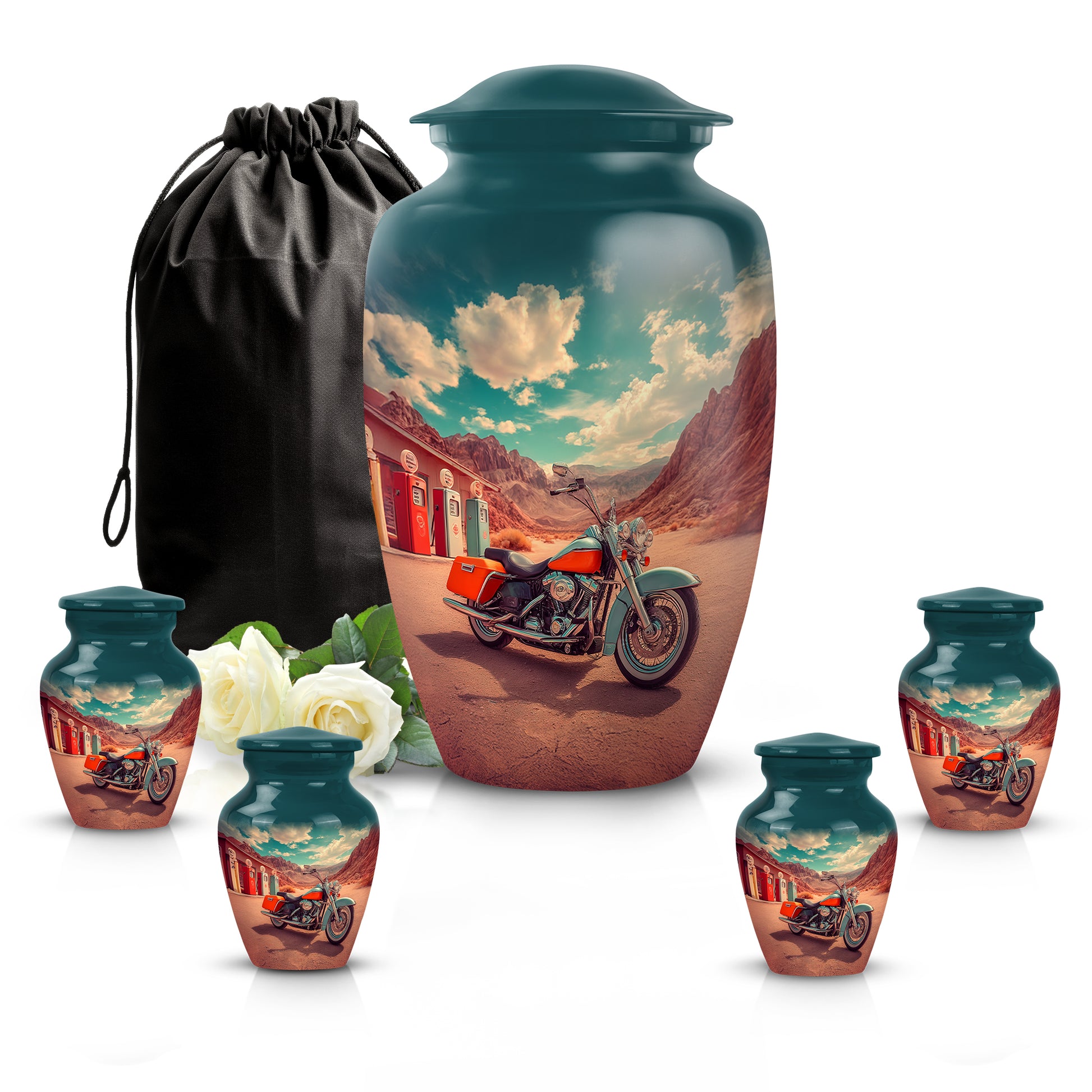 Sea Green Teal Bike Cremation Urn top-down view of secure threaded lid - classic sculpted bike pattern on smooth aluminum - memorial set with one large and four small urns