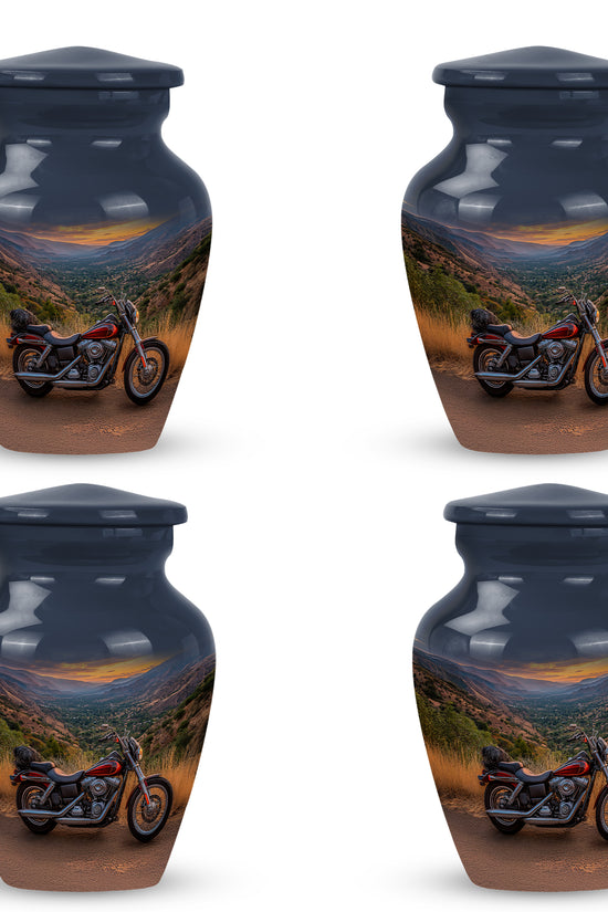 Cornflower Blue Bike Cremation Urn side profile showing urn shape - traditional bike engraving with hand-polished finish - 10 inch aluminum urn for cremated remains