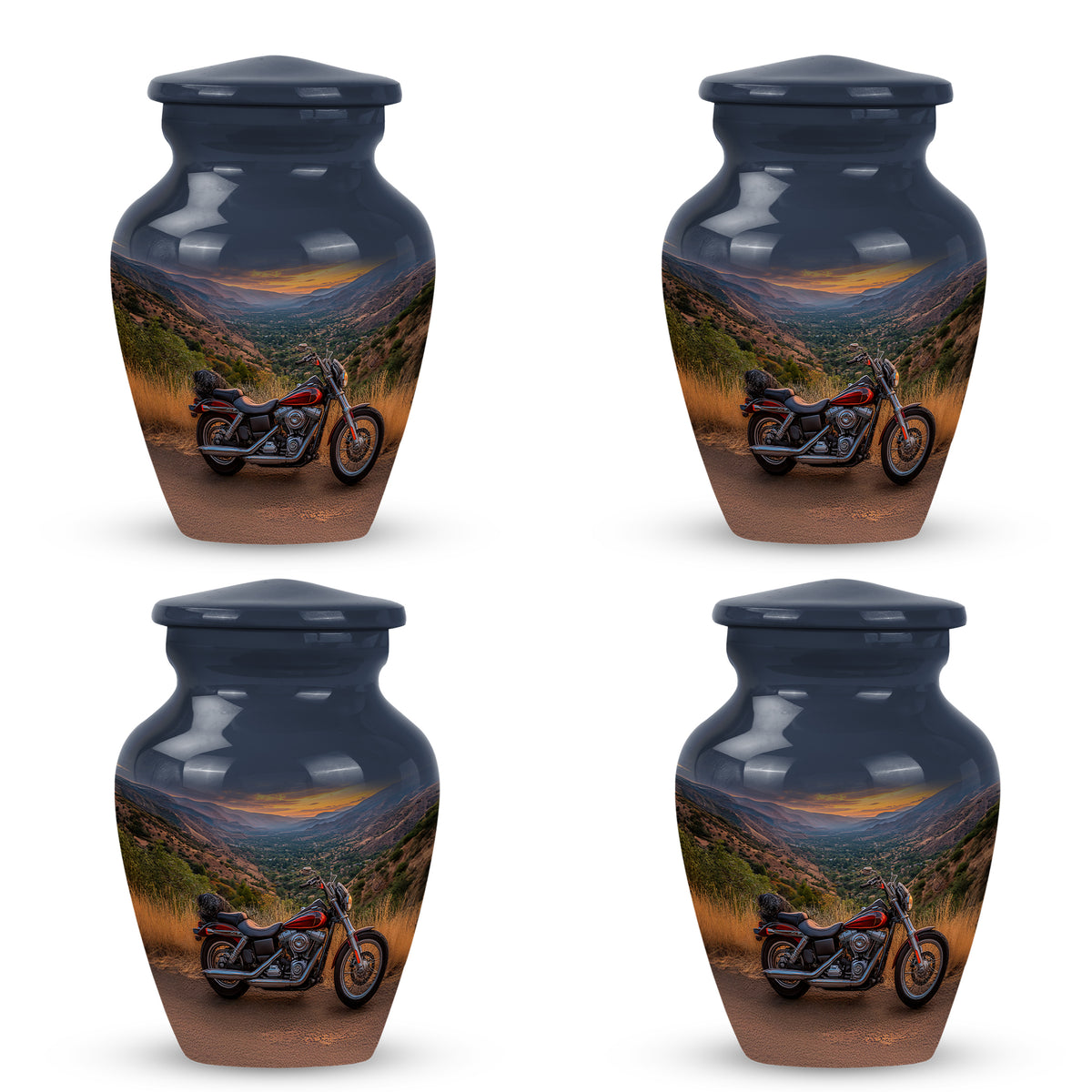 Cornflower Blue Bike Cremation Urn side profile showing urn shape - traditional bike engraving with hand-polished finish - 10 inch aluminum urn for cremated remains