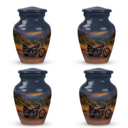 Cornflower Blue Bike Cremation Urn side profile showing urn shape - traditional bike engraving with hand-polished finish - 10 inch aluminum urn for cremated remains