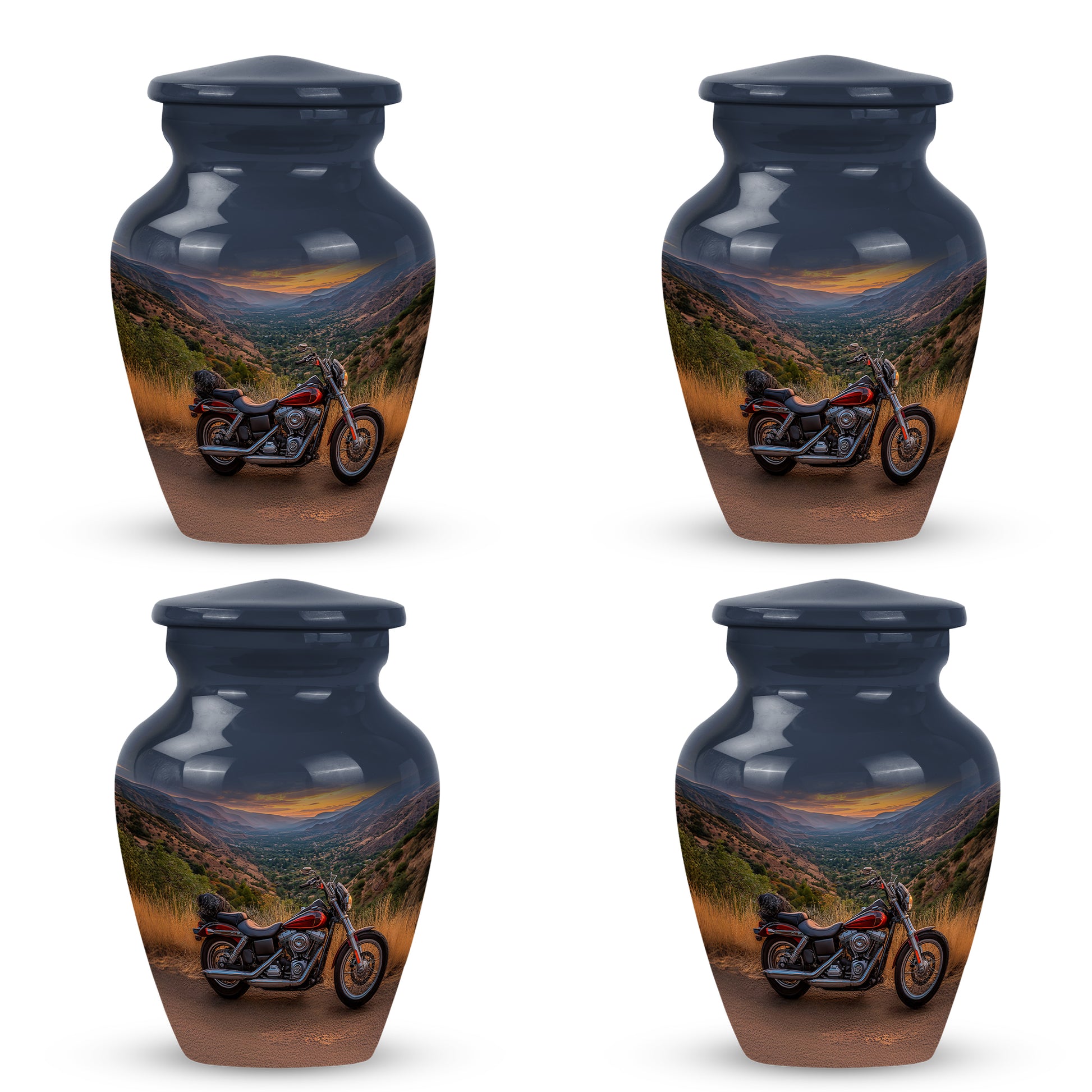 Cornflower Blue Bike Cremation Urn side profile showing urn shape - traditional bike engraving with hand-polished finish - 10 inch aluminum urn for cremated remains