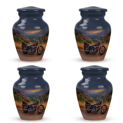 Cornflower Blue Bike Cremation Urn side profile showing urn shape - traditional bike engraving with hand-polished finish - 10 inch aluminum urn for cremated remains