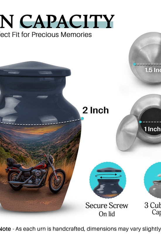 Royal Blue Bike Cremation Urn close-up of engraving and surface detail - elegant classic bike relief with fine detailing - mini keepsake memorial for portion of cremation ashes