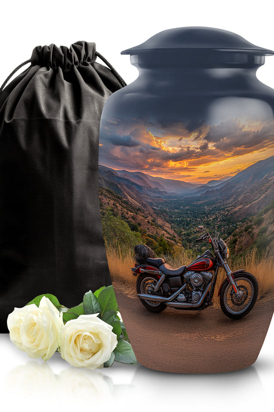 Steel Blue Bike Cremation Urn angled view of lid and engraved motif - traditional bike engraving with hand-polished finish - full-size 10 inch 200 cubic inch adult cremation urn