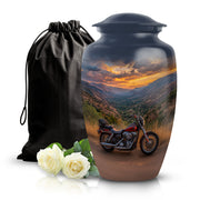 Steel Blue Bike Cremation Urn angled view of lid and engraved motif - traditional bike engraving with hand-polished finish - full-size 10 inch 200 cubic inch adult cremation urn