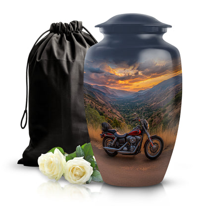 Steel Blue Bike Cremation Urn angled view of lid and engraved motif - traditional bike engraving with hand-polished finish - full-size 10 inch 200 cubic inch adult cremation urn