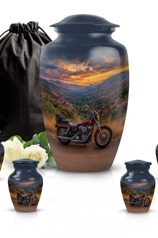 Powder Blue Bike Cremation Urn top-down view of secure threaded lid - classic sculpted bike pattern on smooth aluminum - memorial set with one large and four small urns