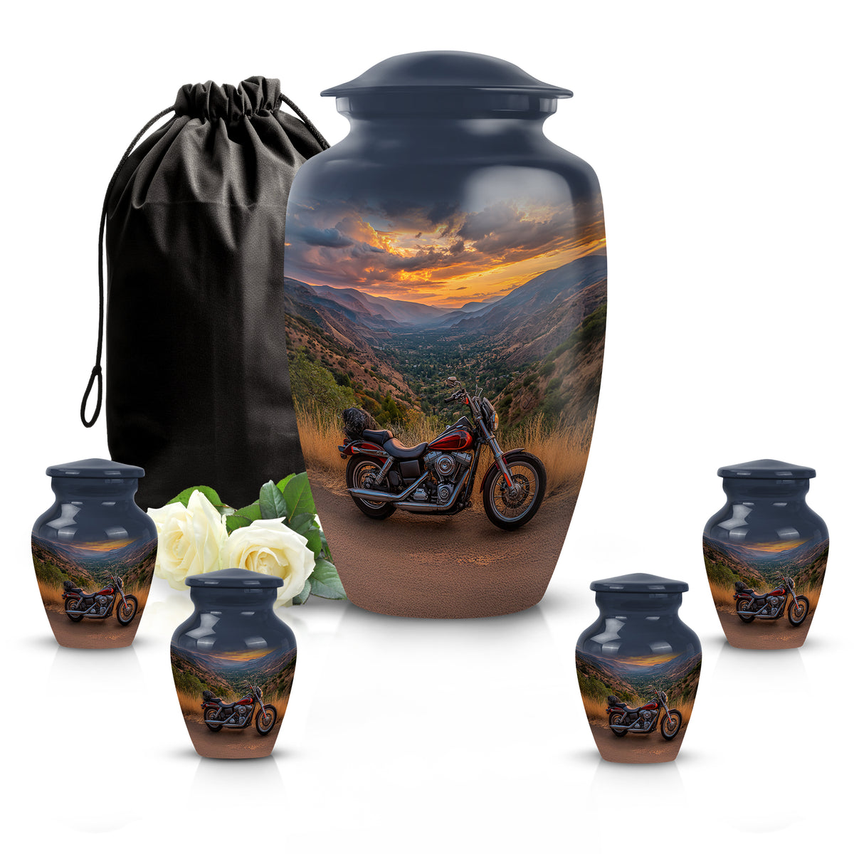 Powder Blue Bike Cremation Urn top-down view of secure threaded lid - classic sculpted bike pattern on smooth aluminum - memorial set with one large and four small urns