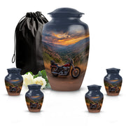 Powder Blue Bike Cremation Urn top-down view of secure threaded lid - classic sculpted bike pattern on smooth aluminum - memorial set with one large and four small urns