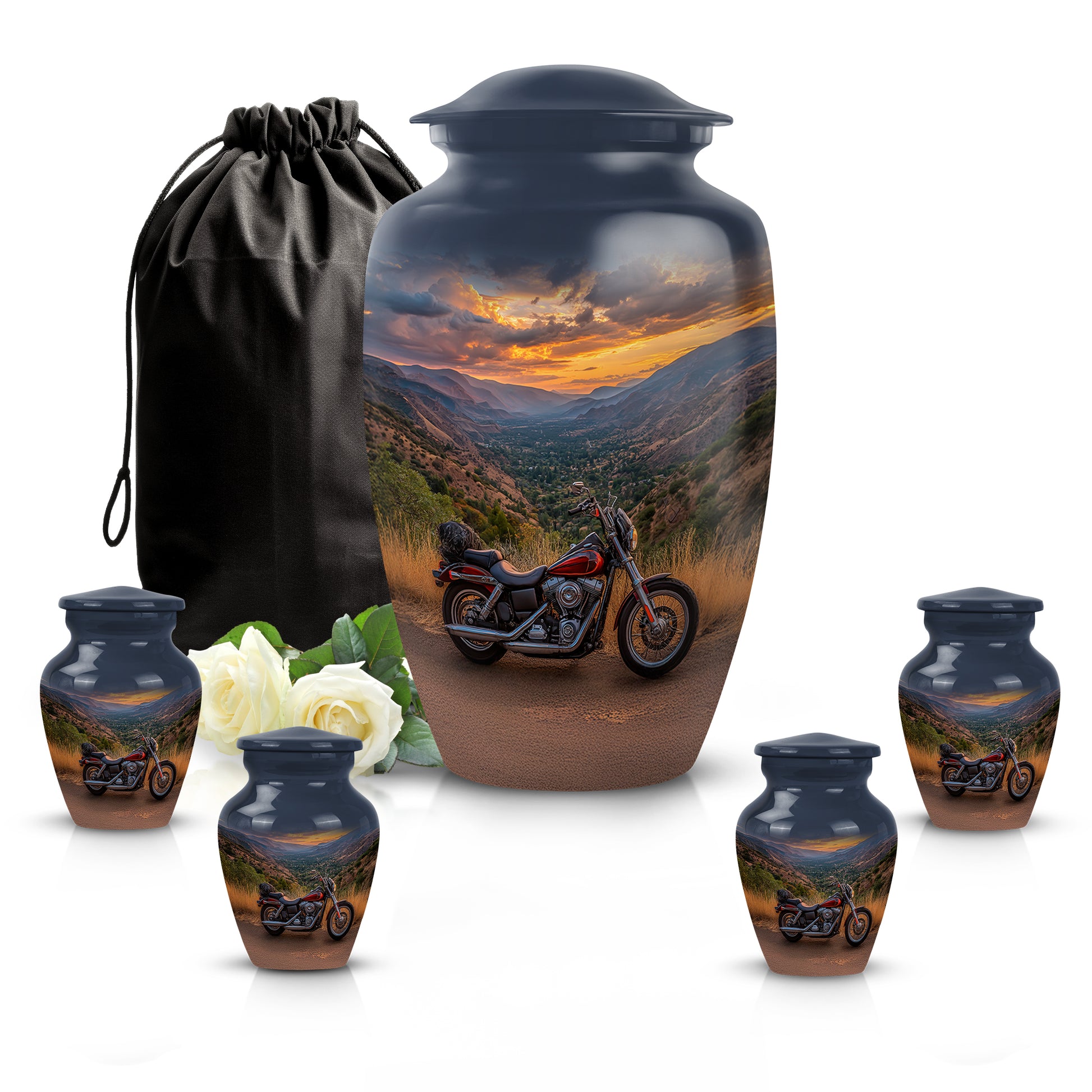 Powder Blue Bike Cremation Urn top-down view of secure threaded lid - classic sculpted bike pattern on smooth aluminum - memorial set with one large and four small urns
