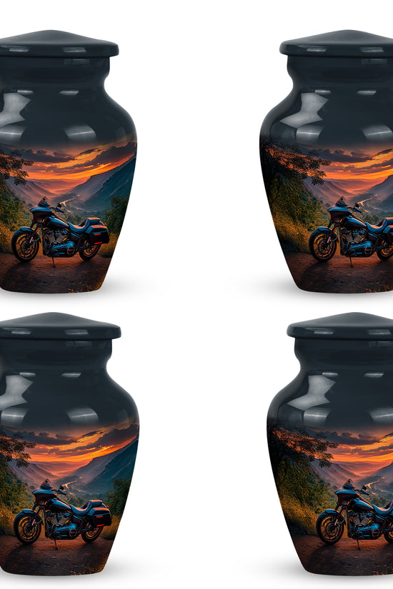 Bright Blue Bike Cremation Urn side profile showing urn shape - elegant classic bike relief with fine detailing - 10 inch aluminum urn for cremated remains