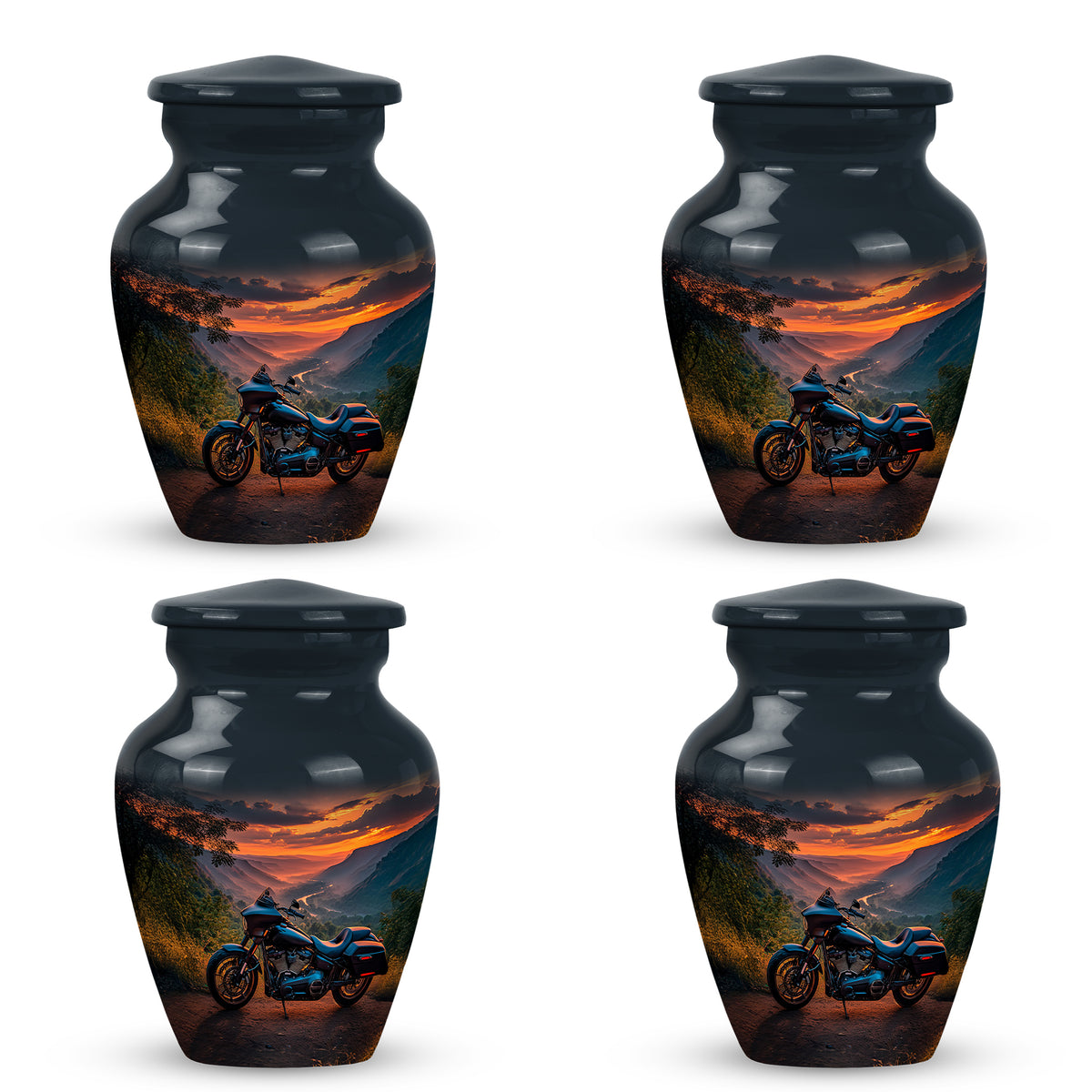 Bright Blue Bike Cremation Urn side profile showing urn shape - elegant classic bike relief with fine detailing - 10 inch aluminum urn for cremated remains