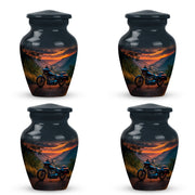 Bright Blue Bike Cremation Urn side profile showing urn shape - elegant classic bike relief with fine detailing - 10 inch aluminum urn for cremated remains