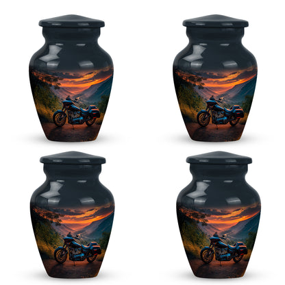 Bright Blue Bike Cremation Urn side profile showing urn shape - elegant classic bike relief with fine detailing - 10 inch aluminum urn for cremated remains