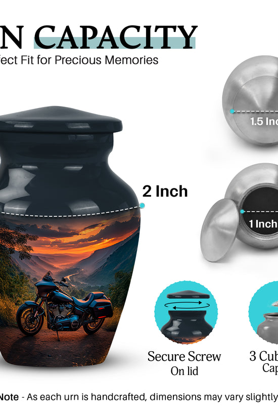 Cornflower Blue Bike Cremation Urn close-up of engraving and surface detail - traditional bike engraving with hand-polished finish - mini keepsake memorial for portion of cremation ashes