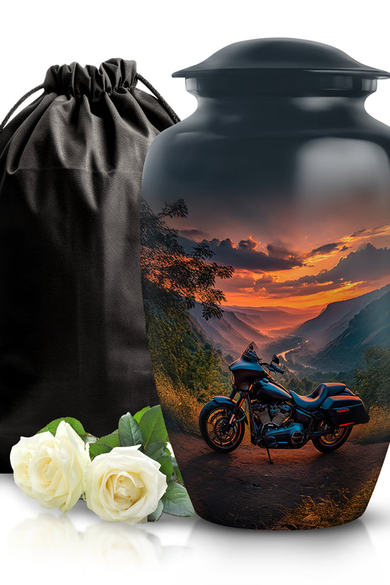 Celestial Blue Bike Cremation Urn angled view of lid and engraved motif - classic sculpted bike pattern on smooth aluminum - full-size 10 inch 200 cubic inch adult cremation urn