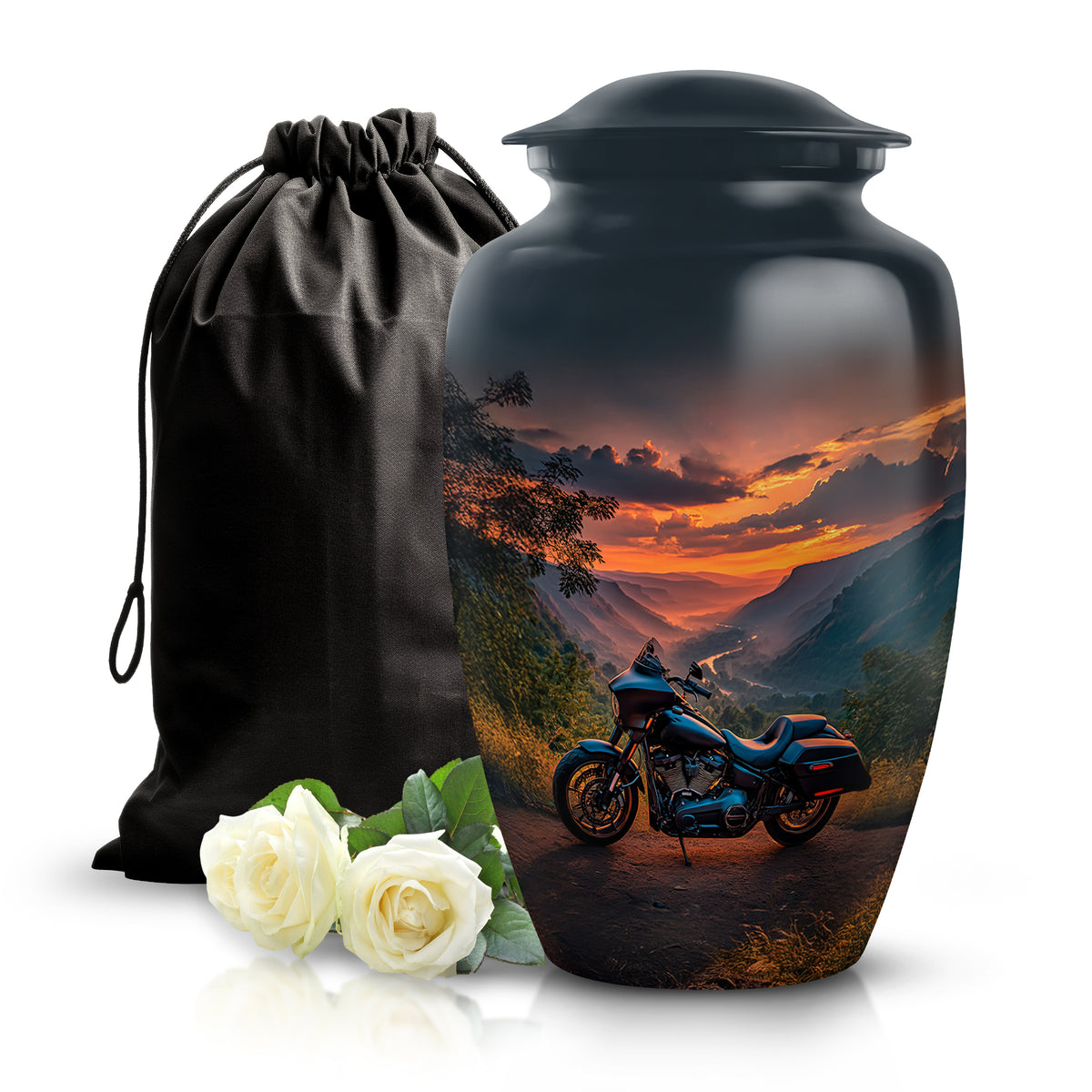 Celestial Blue Bike Cremation Urn angled view of lid and engraved motif - classic sculpted bike pattern on smooth aluminum - full-size 10 inch 200 cubic inch adult cremation urn