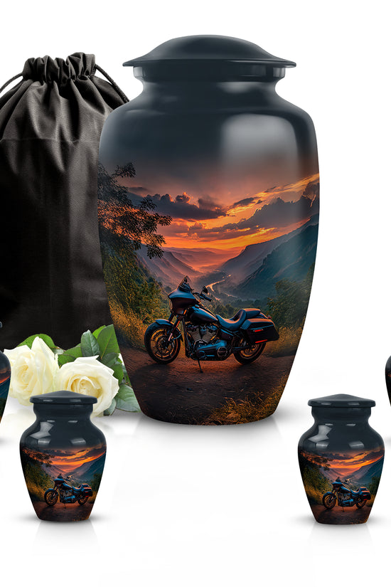 Celestial Blue Bike Cremation Urn top-down view of secure threaded lid - timeless bike motif etched into premium metal - memorial set with one large and four small urns