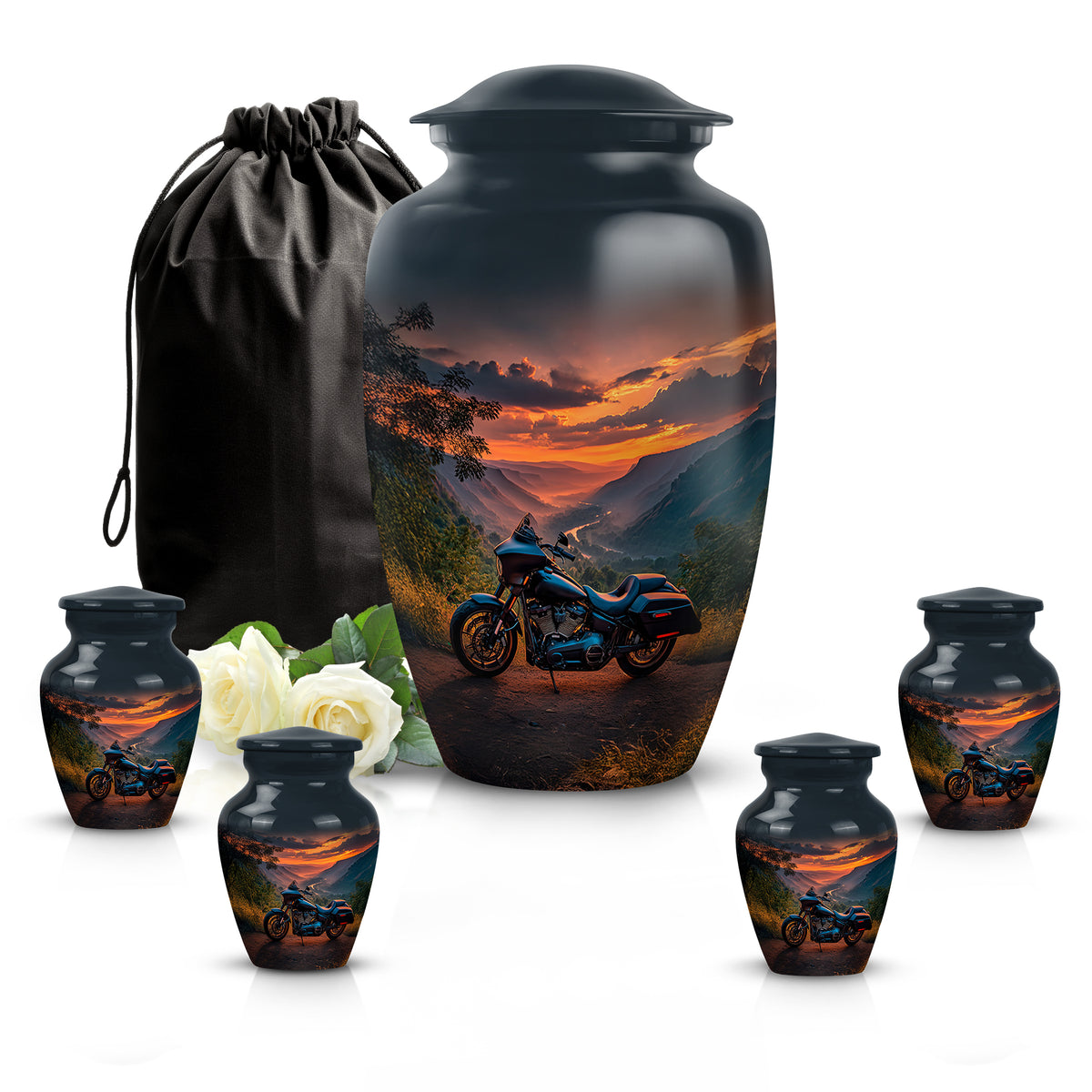 Celestial Blue Bike Cremation Urn top-down view of secure threaded lid - timeless bike motif etched into premium metal - memorial set with one large and four small urns