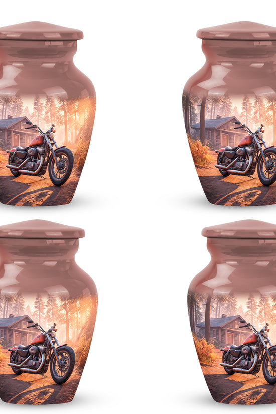 Rich Red Bike Cremation Urn side profile showing urn shape - elegant classic bike relief with fine detailing - 10 inch aluminum urn for cremated remains