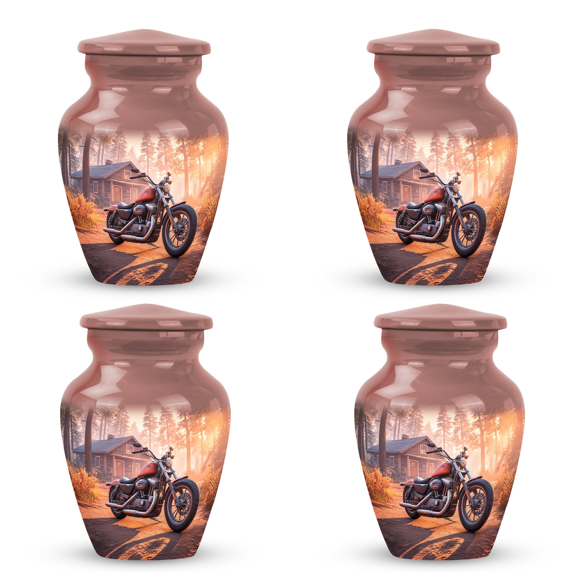 Rich Red Bike Cremation Urn side profile showing urn shape - elegant classic bike relief with fine detailing - 10 inch aluminum urn for cremated remains