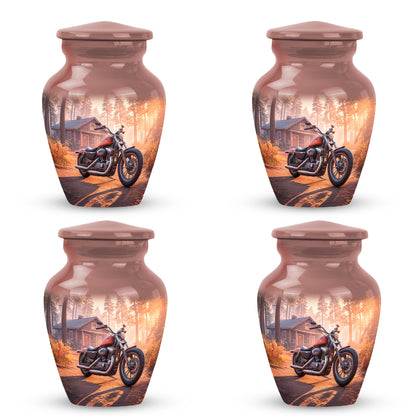 Rich Red Bike Cremation Urn side profile showing urn shape - elegant classic bike relief with fine detailing - 10 inch aluminum urn for cremated remains