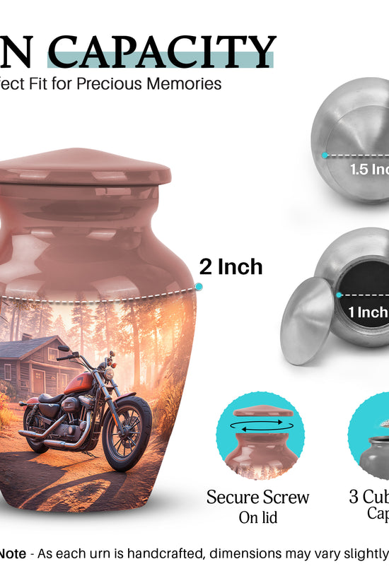 Wine Red Bike Cremation Urn close-up of engraving and surface detail - timeless bike motif etched into premium metal - mini keepsake memorial for portion of cremation ashes