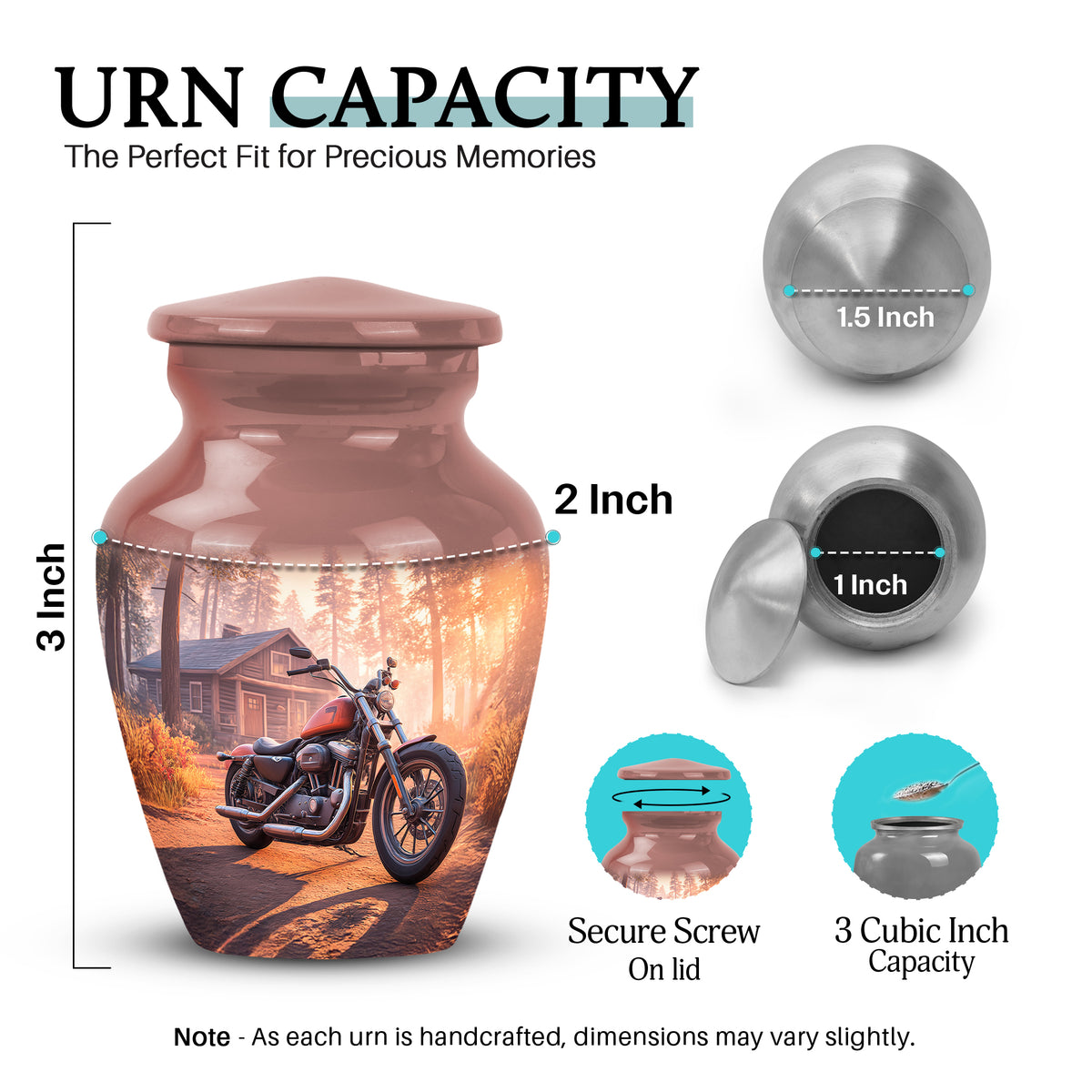 Wine Red Bike Cremation Urn close-up of engraving and surface detail - timeless bike motif etched into premium metal - mini keepsake memorial for portion of cremation ashes