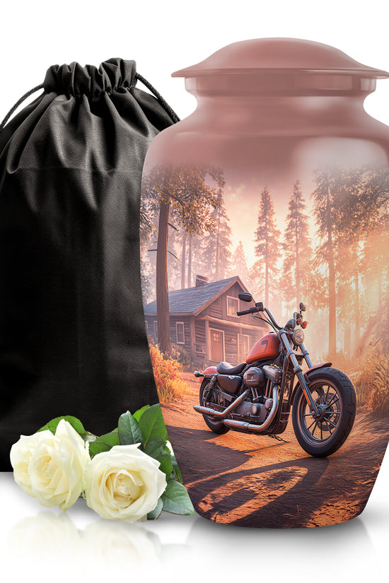 Deep Red Bike Cremation Urn angled view of lid and engraved motif - timeless bike motif etched into premium metal - full-size 10 inch 200 cubic inch adult cremation urn