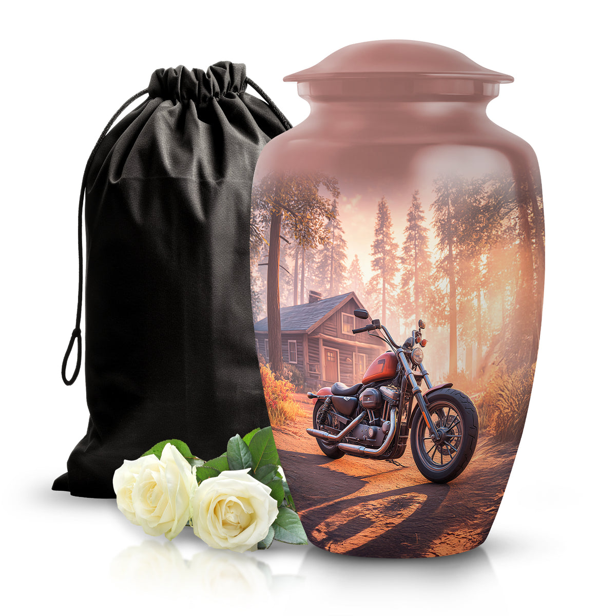Deep Red Bike Cremation Urn angled view of lid and engraved motif - timeless bike motif etched into premium metal - full-size 10 inch 200 cubic inch adult cremation urn