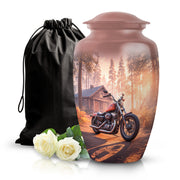 Deep Red Bike Cremation Urn angled view of lid and engraved motif - timeless bike motif etched into premium metal - full-size 10 inch 200 cubic inch adult cremation urn