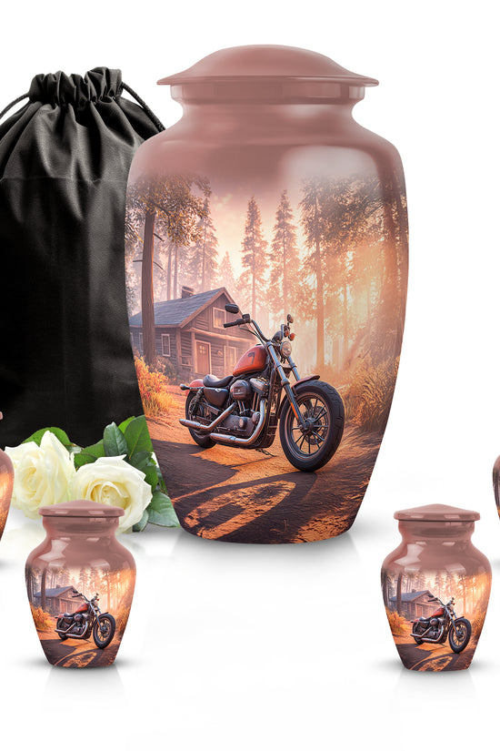 Scarlet Red Bike Cremation Urn top-down view of secure threaded lid - elegant classic bike relief with fine detailing - memorial set with one large and four small urns