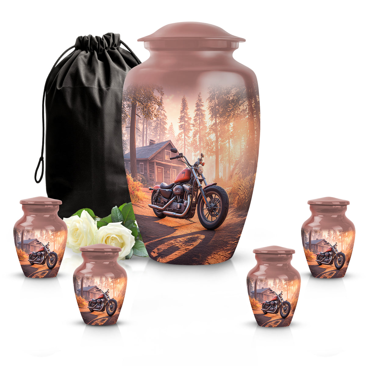 Scarlet Red Bike Cremation Urn top-down view of secure threaded lid - elegant classic bike relief with fine detailing - memorial set with one large and four small urns