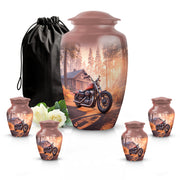 Scarlet Red Bike Cremation Urn top-down view of secure threaded lid - elegant classic bike relief with fine detailing - memorial set with one large and four small urns