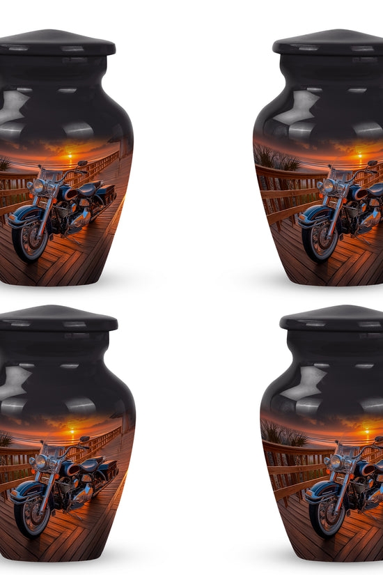 Obsidian Black Bike Cremation Urn side profile showing urn shape - elegant classic bike relief with fine detailing - 10 inch aluminum urn for cremated remains