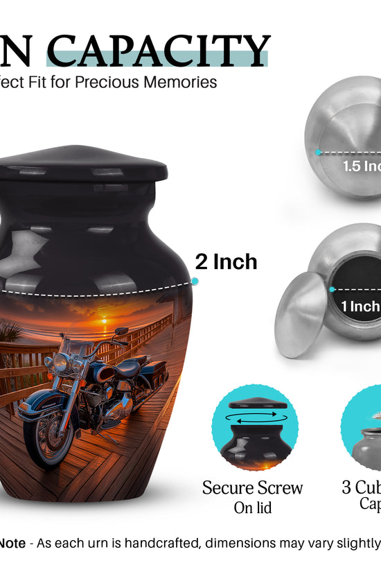 Onyx Black Bike Cremation Urn close-up of engraving and surface detail - traditional bike engraving with hand-polished finish - mini keepsake memorial for portion of cremation ashes