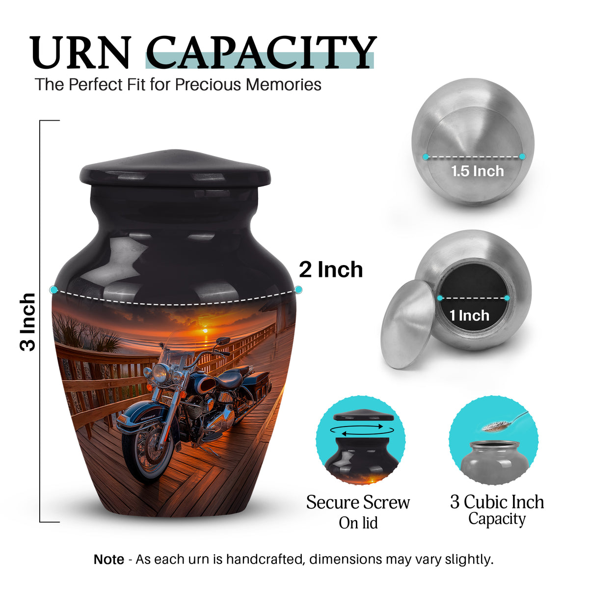 Onyx Black Bike Cremation Urn close-up of engraving and surface detail - traditional bike engraving with hand-polished finish - mini keepsake memorial for portion of cremation ashes