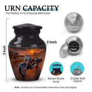 Onyx Black Bike Cremation Urn close-up of engraving and surface detail - traditional bike engraving with hand-polished finish - mini keepsake memorial for portion of cremation ashes