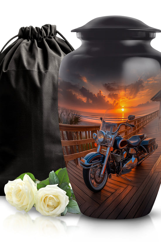 Ebony Bike Cremation Urn angled view of lid and engraved motif - classic sculpted bike pattern on smooth aluminum - full-size 10 inch 200 cubic inch adult cremation urn