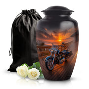 Ebony Bike Cremation Urn angled view of lid and engraved motif - classic sculpted bike pattern on smooth aluminum - full-size 10 inch 200 cubic inch adult cremation urn