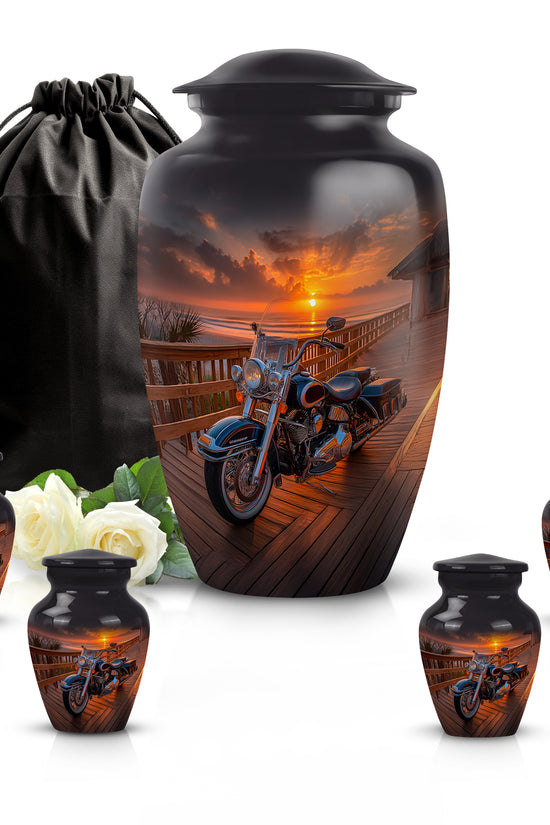 Deep Black Bike Cremation Urn top-down view of secure threaded lid - timeless bike motif etched into premium metal - memorial set with one large and four small urns