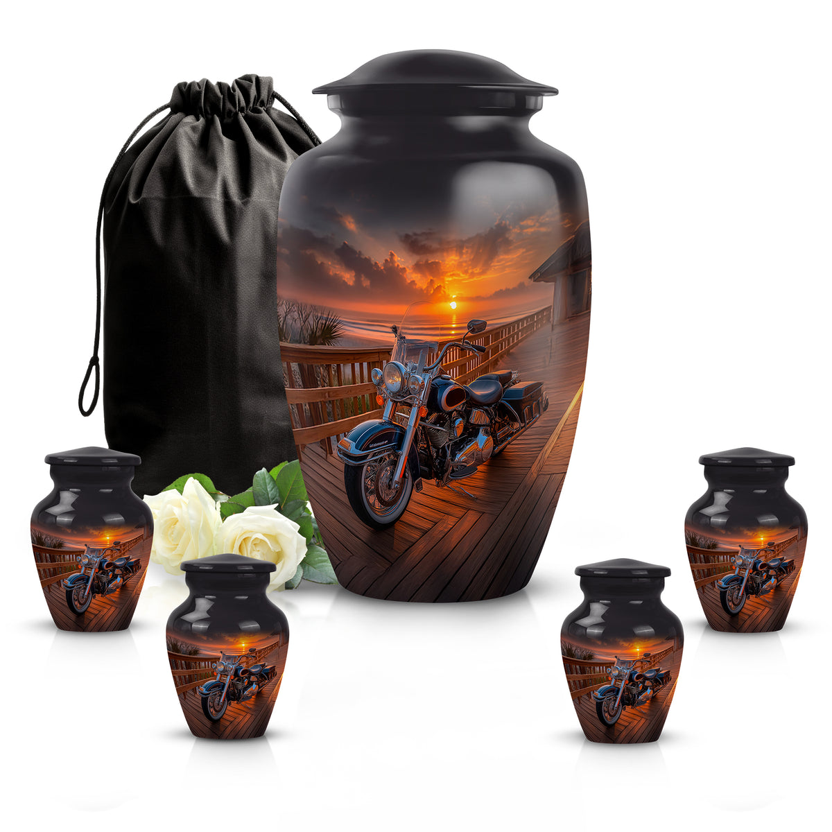 Deep Black Bike Cremation Urn top-down view of secure threaded lid - timeless bike motif etched into premium metal - memorial set with one large and four small urns